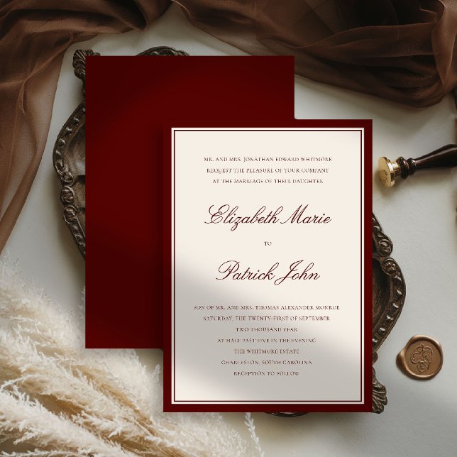 Faire-Part de Mariage Cadre Bourguignon Profond Cl (deep burgundy wedding invitation quiet luxury old money double frame formal modern classic parents)