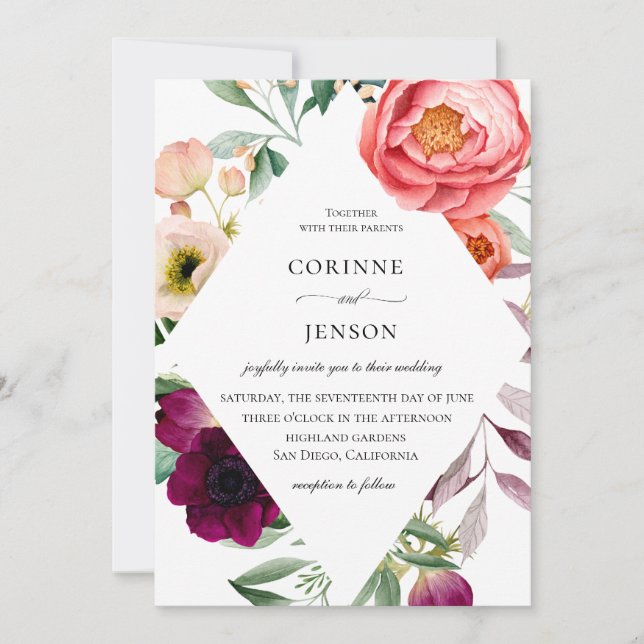 Faire-part de mariage cadre de fleurs bohème (Devant)