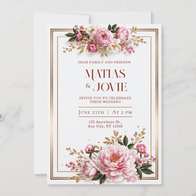 Faire-part de mariage cadre double doré Pivoine ro (Devant)