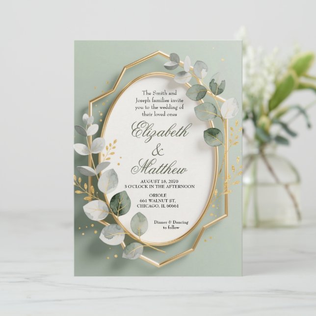 Faire-Part de Mariage Cadre Géométrique Eucalyptus (Debout devant)