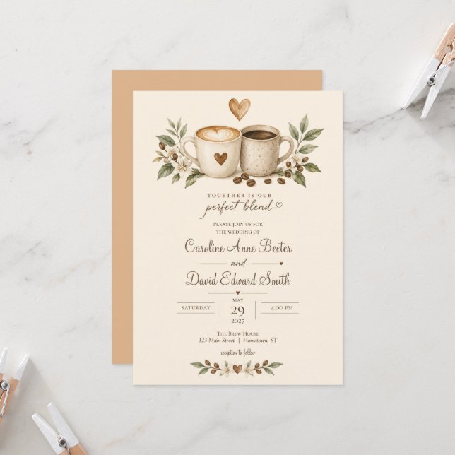 Faire-Part de Mariage Café Mugs Cœurs Mélange Parf (Devant/Arrière en situation)