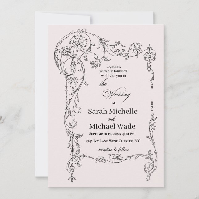 Faire-part de mariage calligraphié avec cadre flor (Devant)