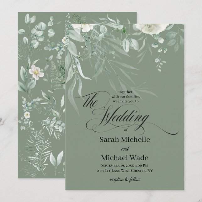 Faire-part de mariage calligraphié avec verdure pr (Devant / Derrière)