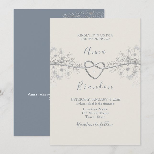 Faire-part de mariage calligraphié bleu poussiéreu (Devant / Derrière)