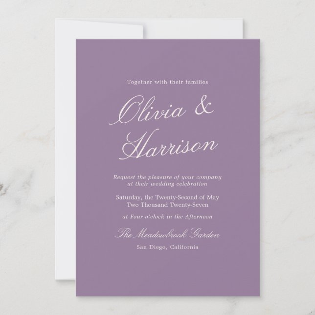 Faire-part de mariage calligraphié de jardin mauve (Devant)