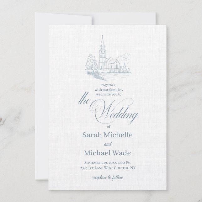 Faire-part de mariage calligraphié d'église Blue W (Devant)