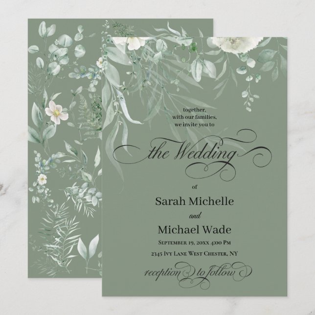 Faire-part de mariage calligraphie verdure de prin (Devant / Derrière)
