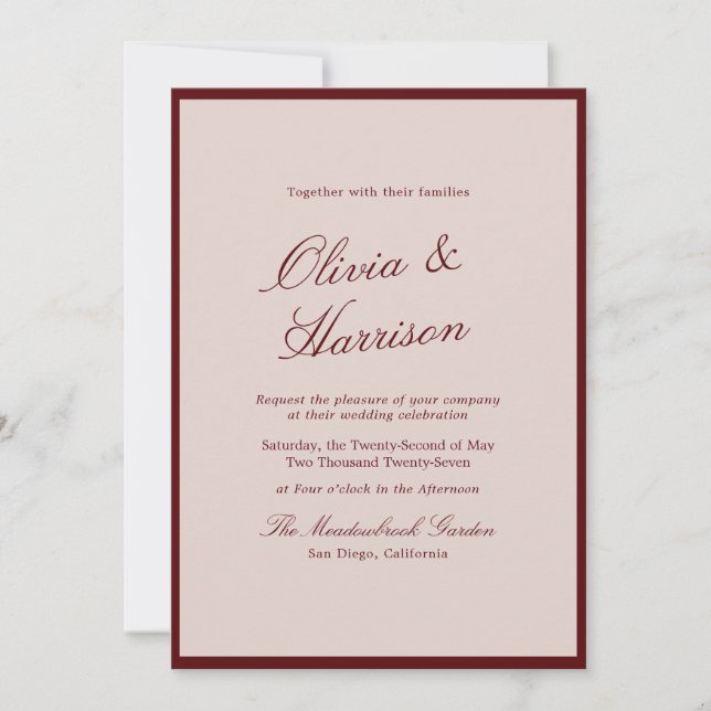 Faire-part de mariage calligraphié vin profond et  (Devant)