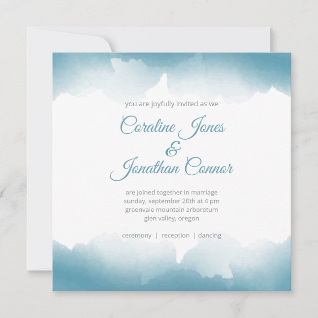 Faire-part de mariage carré aquarelle bleue (Devant)