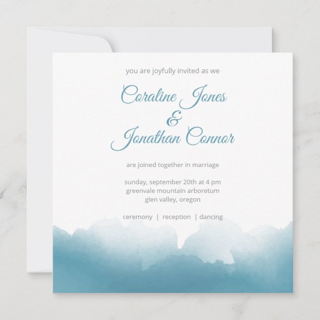 Faire-part de mariage carré aquarelle bleue (Devant)