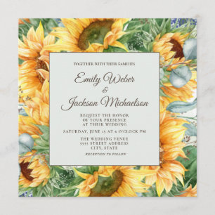 Faire-part de mariage carré aux tournesols eucalyp