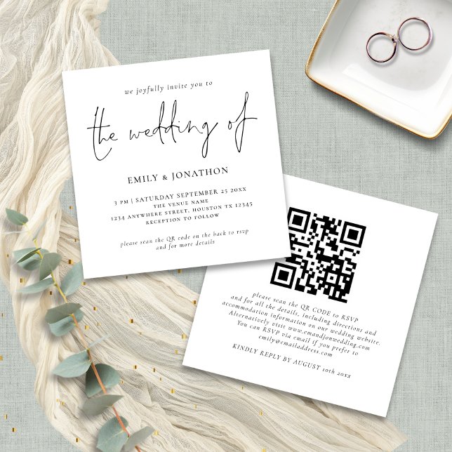 Faire-part de mariage carré avec code QR écriture  (Front and back view)