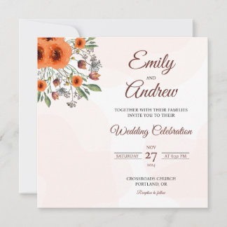 Faire-part de mariage carré floral aquarelle Rose