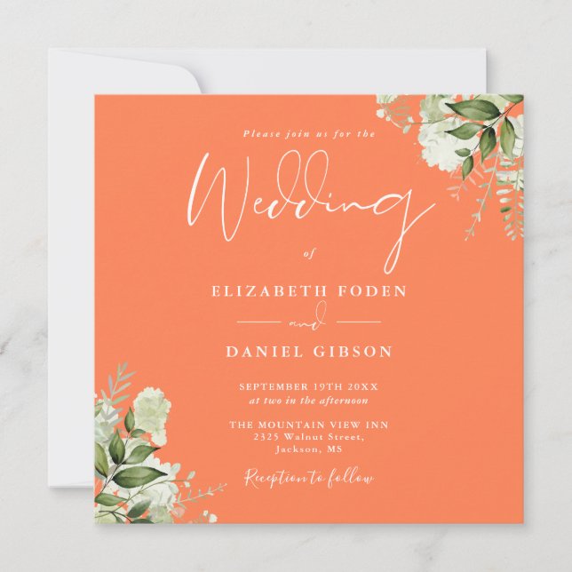 Faire-part de mariage carré floral verdure corail (Devant)