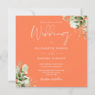 Faire-part de mariage carré floral verdure corail