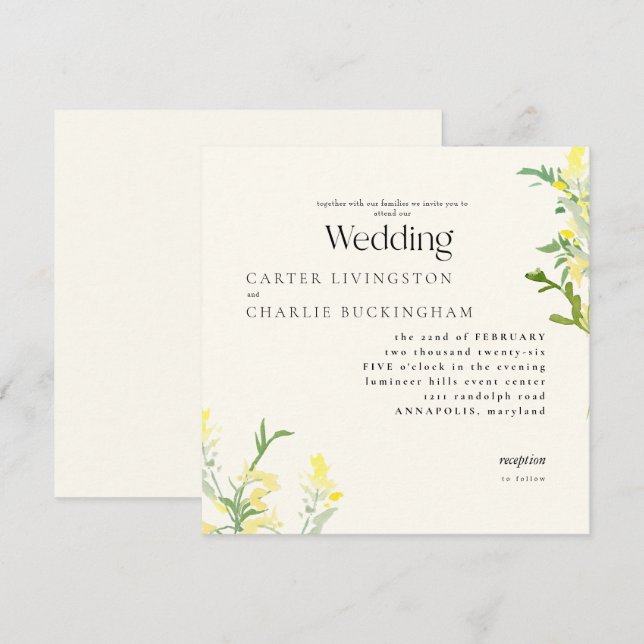 Faire-Part de Mariage Carré Monogramme Fleurs Sauv (Devant / Derrière)