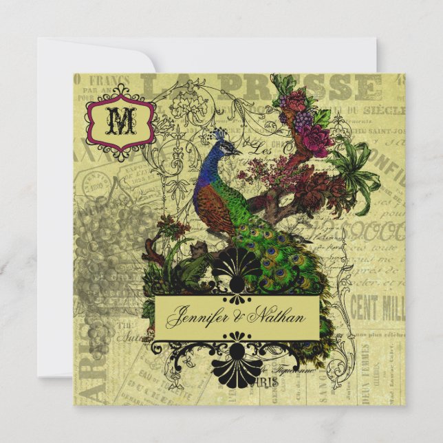 Faire-part de mariage Carré Peacock vintage (Devant)