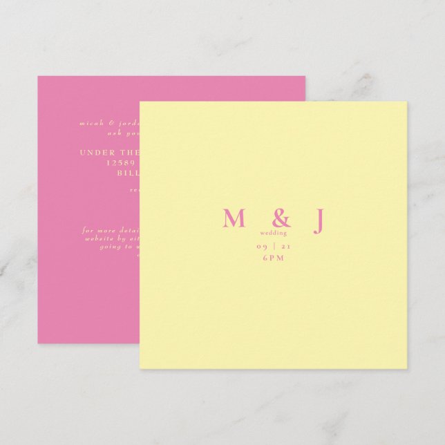 Faire-part de mariage carré rose et jaune contempo (Devant / Derrière)