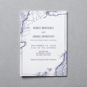 Faire-part de mariage carte vintage bleu sur blanc