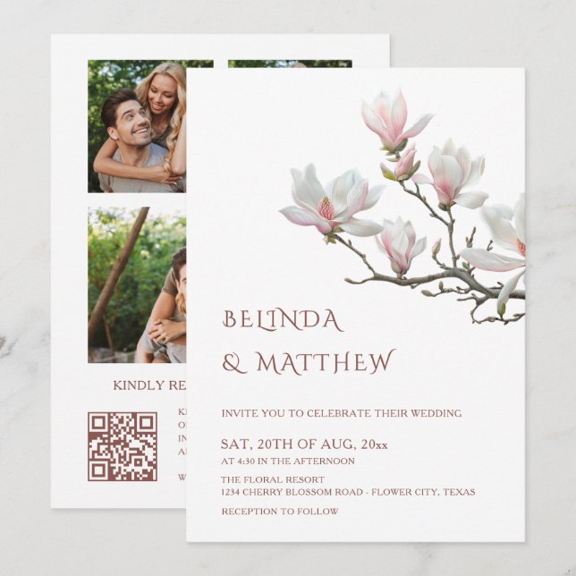 Faire-part de mariage casual Magnolia Beaux-Arts (Devant / Derrière)
