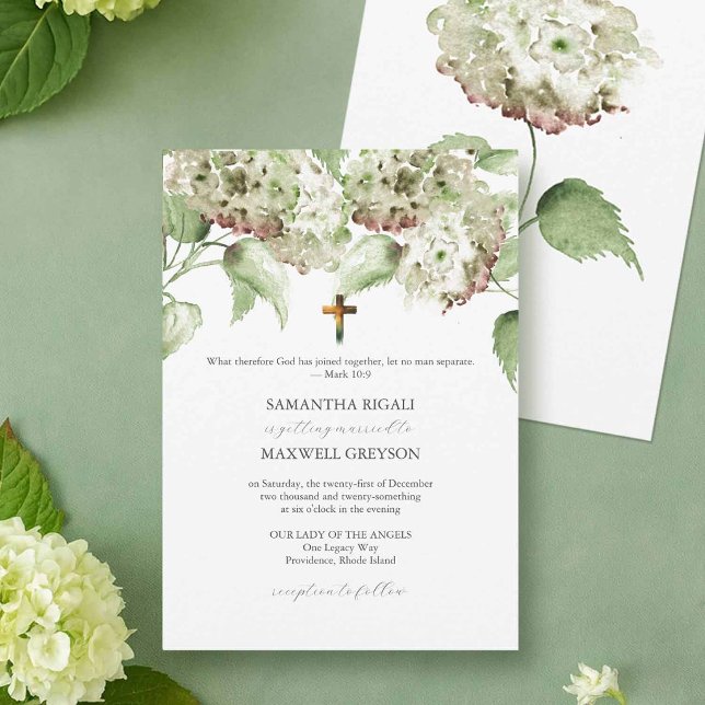 Faire-part de mariage catholique aux hortensias ve (Elegant Catholic wedding invitation with hand painted watercolor hydrangea flowers.)