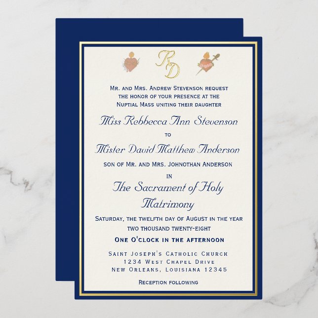 Faire-part de mariage catholique Bleu & Or Deux Cœ (Recto/Verso)