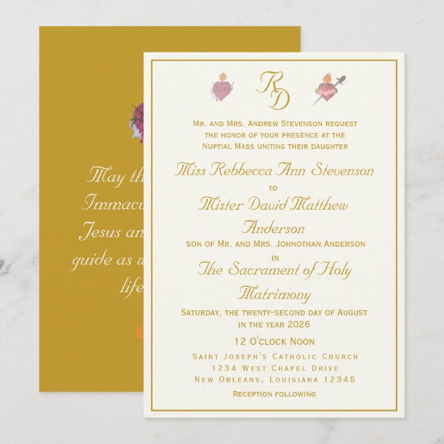 Faire-part de mariage catholique Crème/Ocre Deux C (Devant / Derrière)