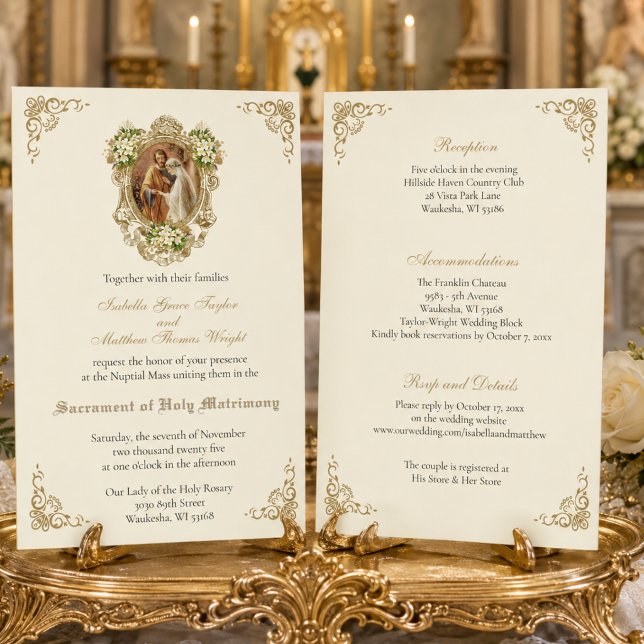 Faire-part de mariage catholique floral or (Créateur téléchargé)