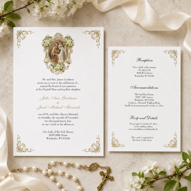 Faire-part de mariage catholique floral or (Créateur téléchargé)