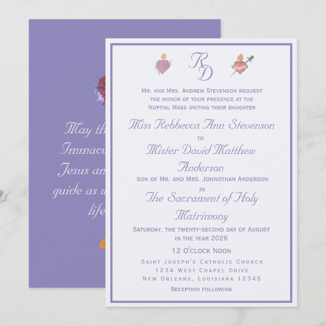 Faire-part de mariage catholique Pervenche Deux Cœ (Devant / Derrière)