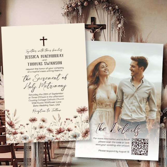 Faire-part de mariage catholique photo & QR Code B (Front/Back)