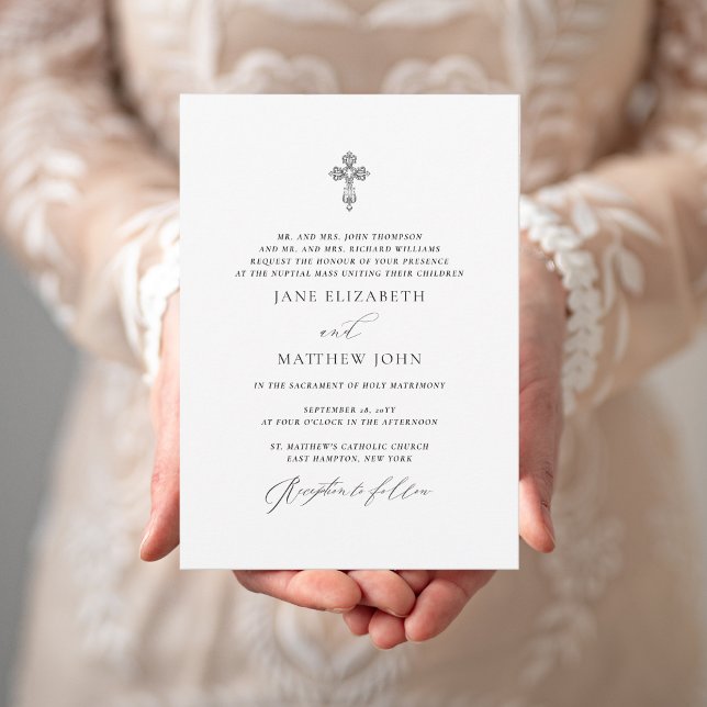 Faire-part de mariage catholique simple Jane avec  (This Catholic wedding invite has a romantic elegance thanks to the vintage cross & elegant script.)