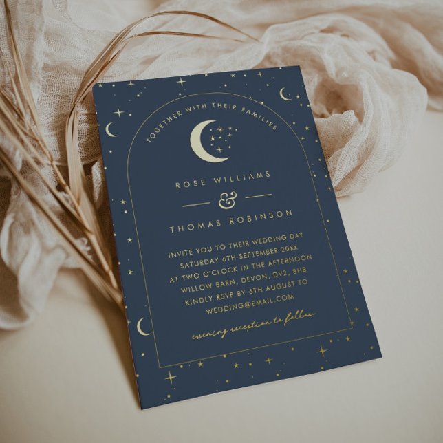 Faire-part de mariage céleste arqué Navy (Zazzle Navy Celestial Arched Wedding Invitation Foil Invitation)