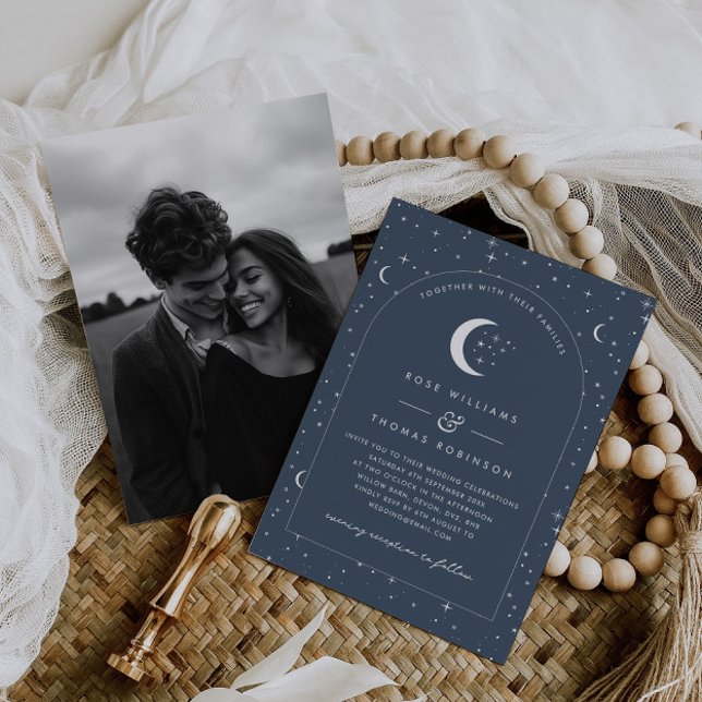 Faire-part de mariage céleste arqué Navy Photo (Zazzle Navy Celestial Arched Wedding Invitation Photo)