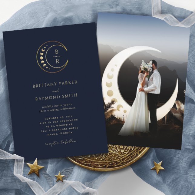 Faire-part de mariage céleste bleu lune d'or (Créateur téléchargé)