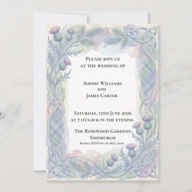 Faire-part de mariage celtique Blue Tartan Thistle (Devant)