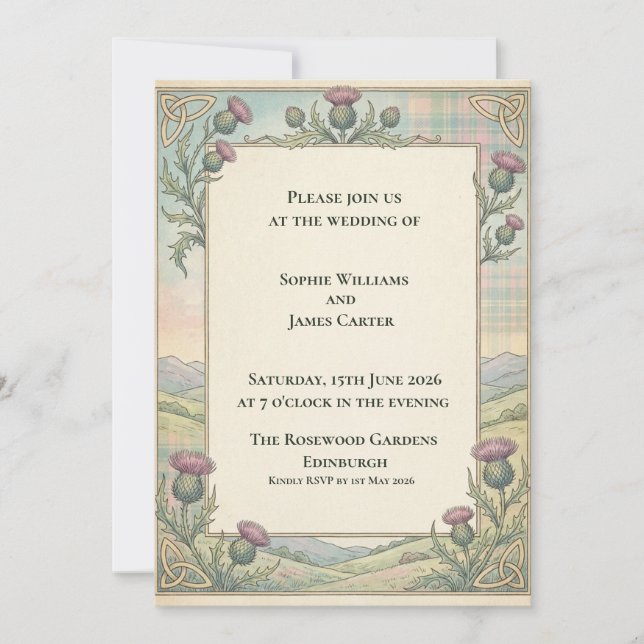 Faire-part de mariage celtique Highland Thistle (Devant)