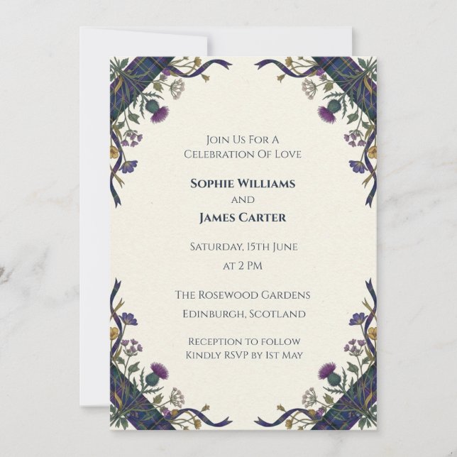 Faire-part de mariage celtique Thistle Violet (Devant)