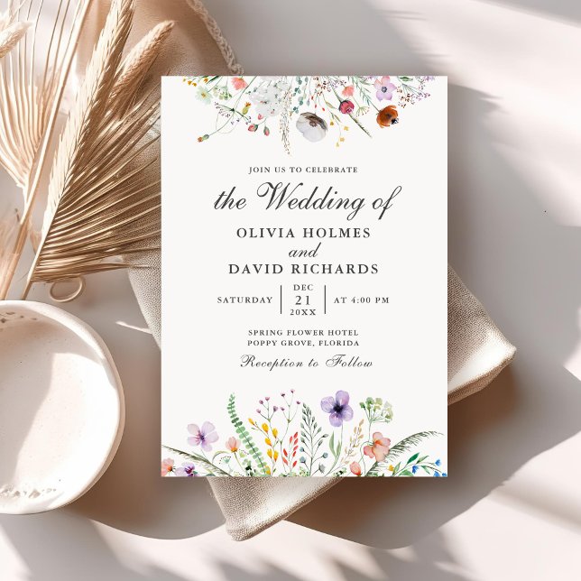 Faire-part de mariage champ de fleurs sauvages aqu (Watercolor Wildflower Meadow Wedding Invitation on a neutral boho wedding table.)