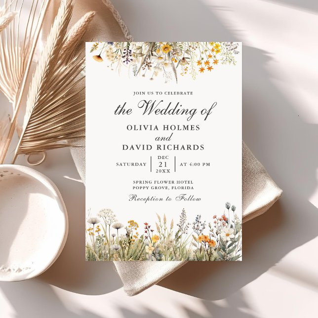 Faire-part de mariage champ de fleurs sauvages aqu (Peach Watercolor Wildflower Meadow Wedding Invite on a table with neutral boho decoration.)