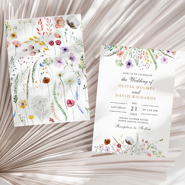 Faire-part de mariage champ de fleurs sauvages col (Watercolor Wildflower Meadow Wedding Invitation on a sunny neutral dry palm leaf.)