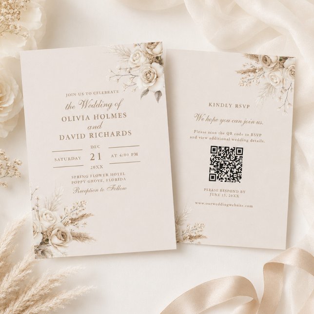 Faire-part de mariage Champagne Beige Code QR RSVP (Ivory Roses Champagne Beige QR Code RSVP Wedding Invitation)