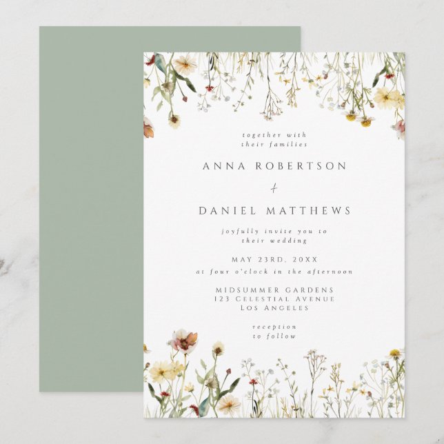 Faire-part de mariage champêtre aux fleurs sauvage (Devant / Derrière)