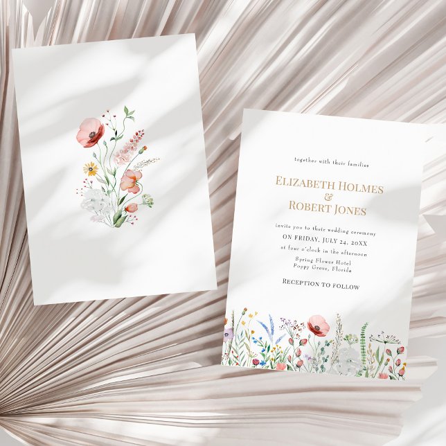 Faire-part de mariage champêtre de fleurs sauvages (Boho Watercolor Wildflower Wedding Invitation on a sunny neutral dry palm leaf.)