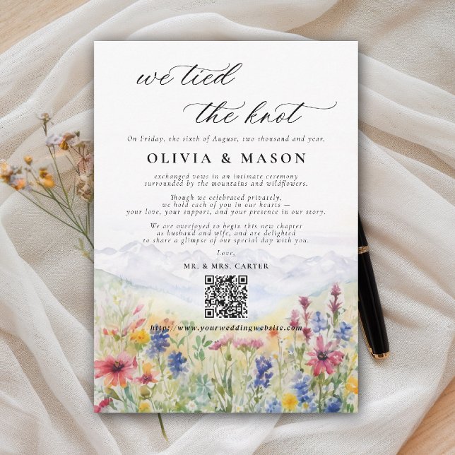 Faire-part de mariage champêtre de montagnes et de (we tied the knot wedding announcement mountains wildflowers meadow modern calligraphy watercolor)