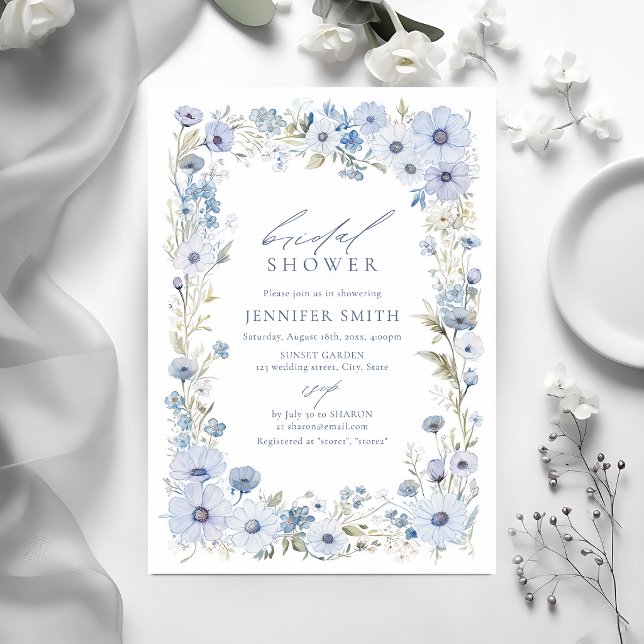 Faire-part de Mariage Champêtre Élégant avec Fleur (Blue Elegant Wildflower Border Bridal Shower Invitation)