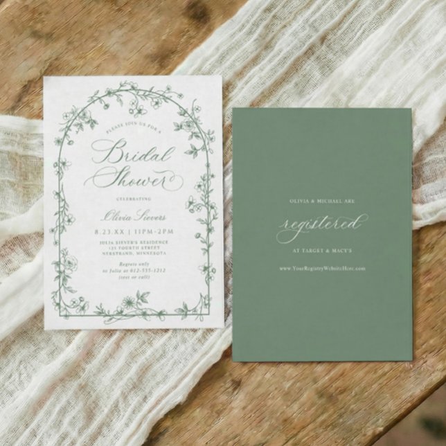 Faire-part de Mariage Champêtre Vintage Vert Sauge (Sage green wildflowers bridal shower invitation with vintage French chinoiserie floral frame)