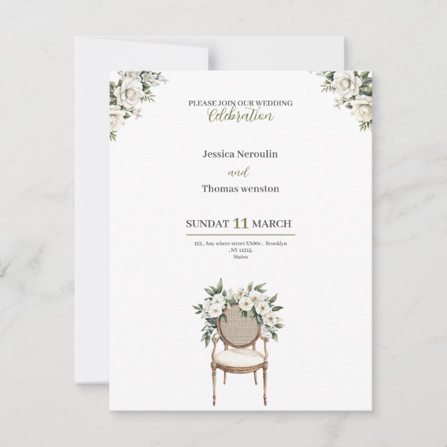 faire-part de mariage chic avec des roses blanches (Devant)
