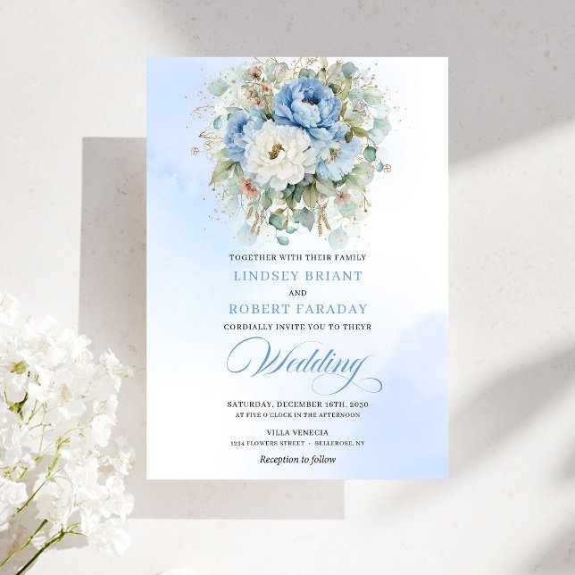 Faire-part de mariage chic bohème poussiéreux bleu (Chic Boho Dusty Blue Peony Gold Wedding Invitation)