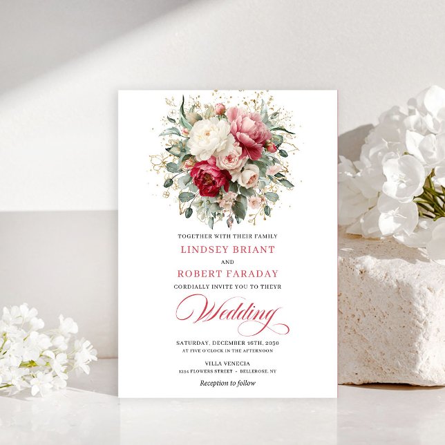 Faire-part de mariage chic Boho rouge blush or (Chic Boho Red Blush Gold Wedding Invitation)